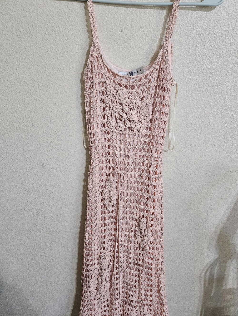 Sue Wong Vintage Rare Pink Crochet Floral Maxi Dress